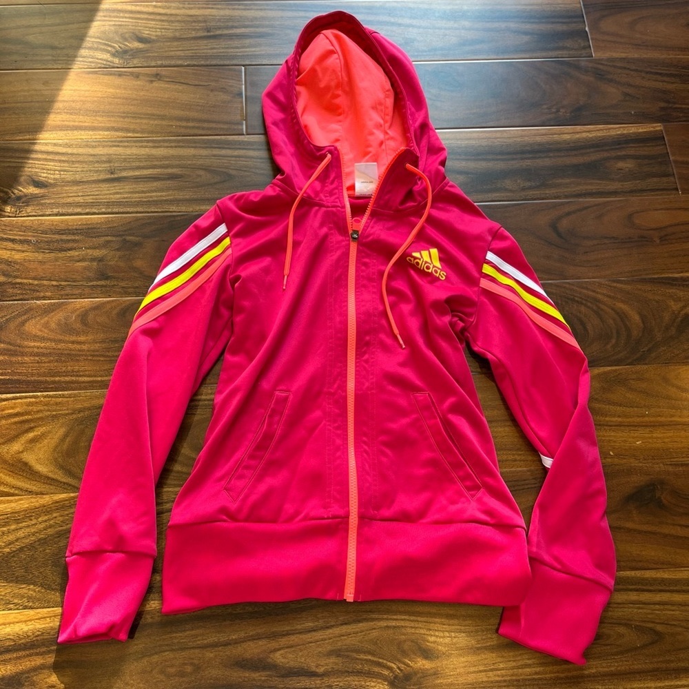 Adidas Pink with White and Yellow Stripes Jacket / Hoodie, size S